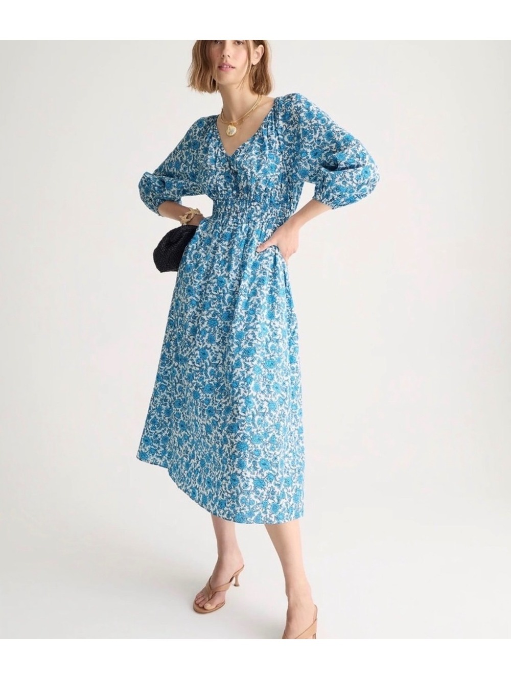 J.Crew V-Neck Midi Dress Floral Smocked Waist Size Small Blue